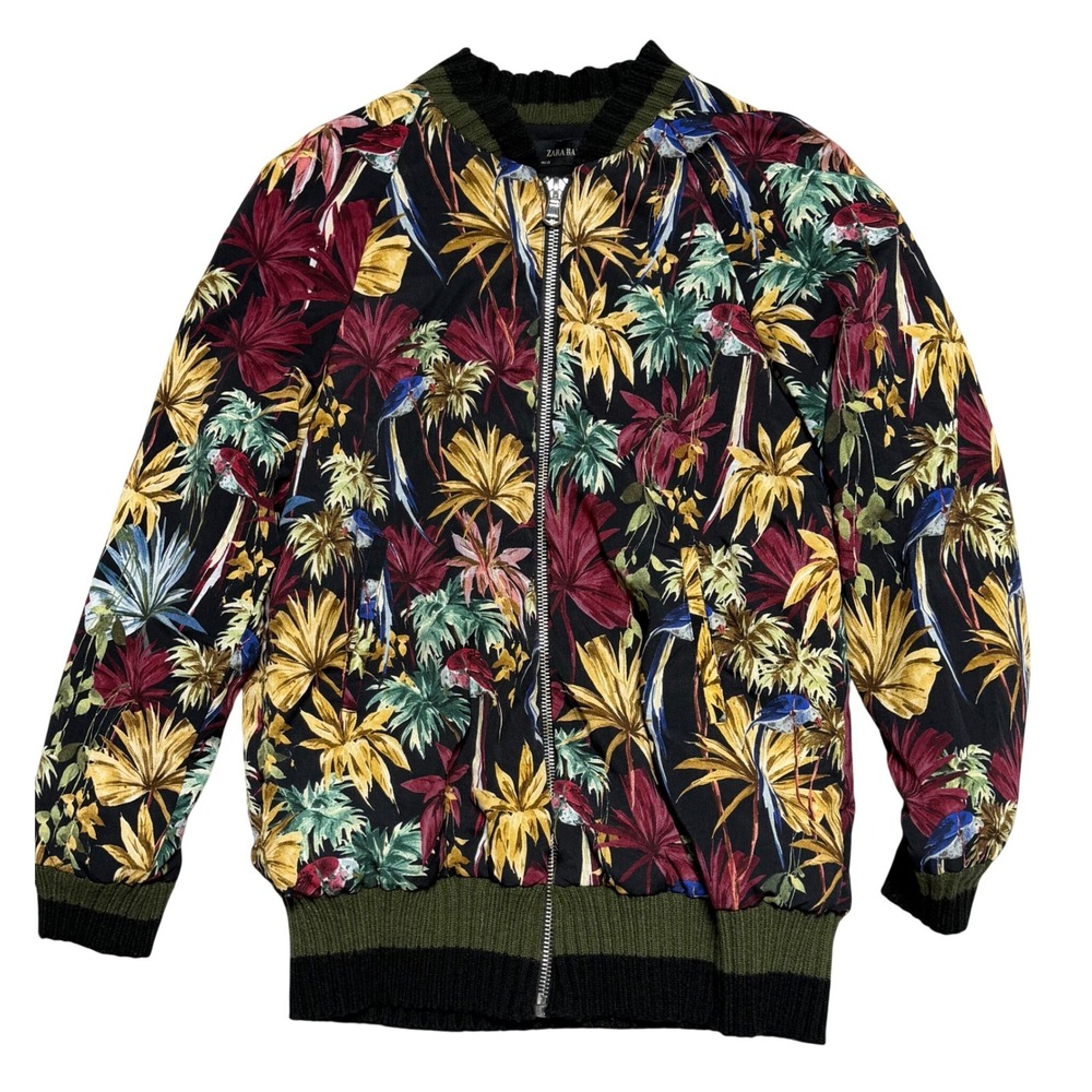 Zara Basic Tropical Bird‎ Palm Print Bomber Jacket Black Multi Small 7484/229